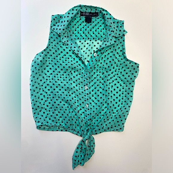 Derek Heart Womens teal and black dotted blouse with tie XS - Picture 1 of 5